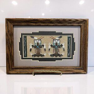 Authentic Vintage Navajo Sand Painting by Glen Nez Oak Frame 9" x 6" with COA
